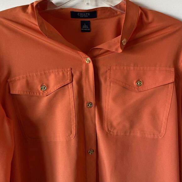 Chaps Women’s Size Large Orange Gold Button Up Shirt 2 Pocket - Picture 3 of 10
